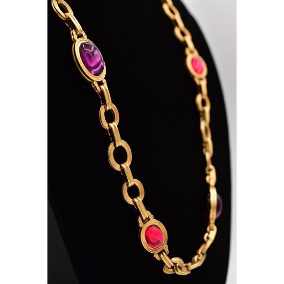 Monet for YSL Vintage Cabochon Necklace Purple Fuchsia Chunky Signed 1980s BinK - Picture 7 of 16